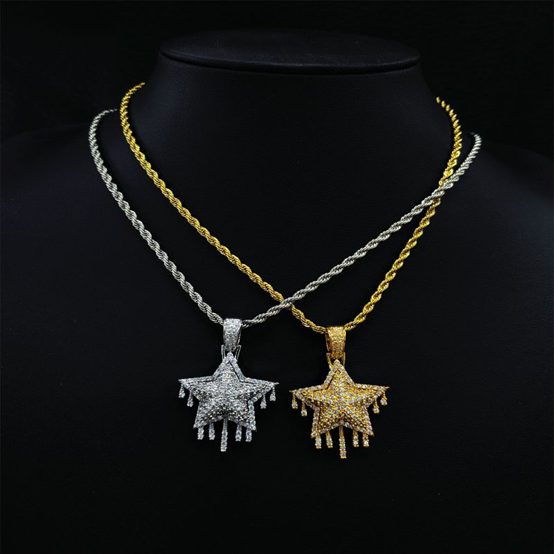 Hip Hop Full Zircon Five Point Star for Men Women's Fashion Versatile Necklace ins Style Small and Light Luxury Pendant_voghion.com