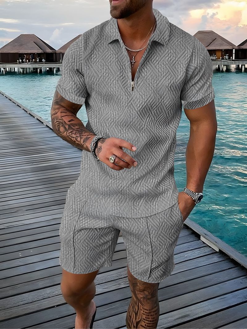 Sommer Bunte Patch Herren Zweiteiler Sets Täglich Lässig Outdoor Reisen Poloshirt Shorts Anzug Übergroße Revers Reißverschluss Männliche Kleidung_voghion.com