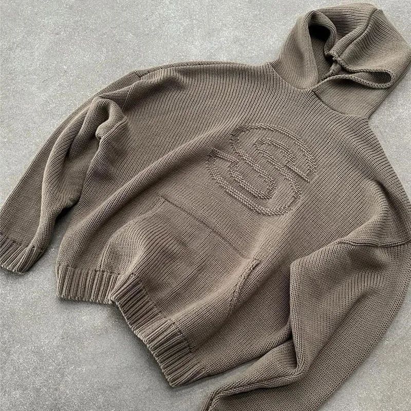 Sweat-shirt à capuche en tricot à lettres Y2K – Pull surdimensionné avec jacquard graphique (noir/gris/camel, S-L)_voghion.com