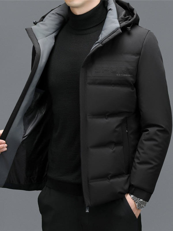 Kurze, verdickte, große Daunenjacke für Wintermänner, junge Männer können den Hut ausziehen, weiße Entendaunen, lockerer, warmer Mantel_voghion.com