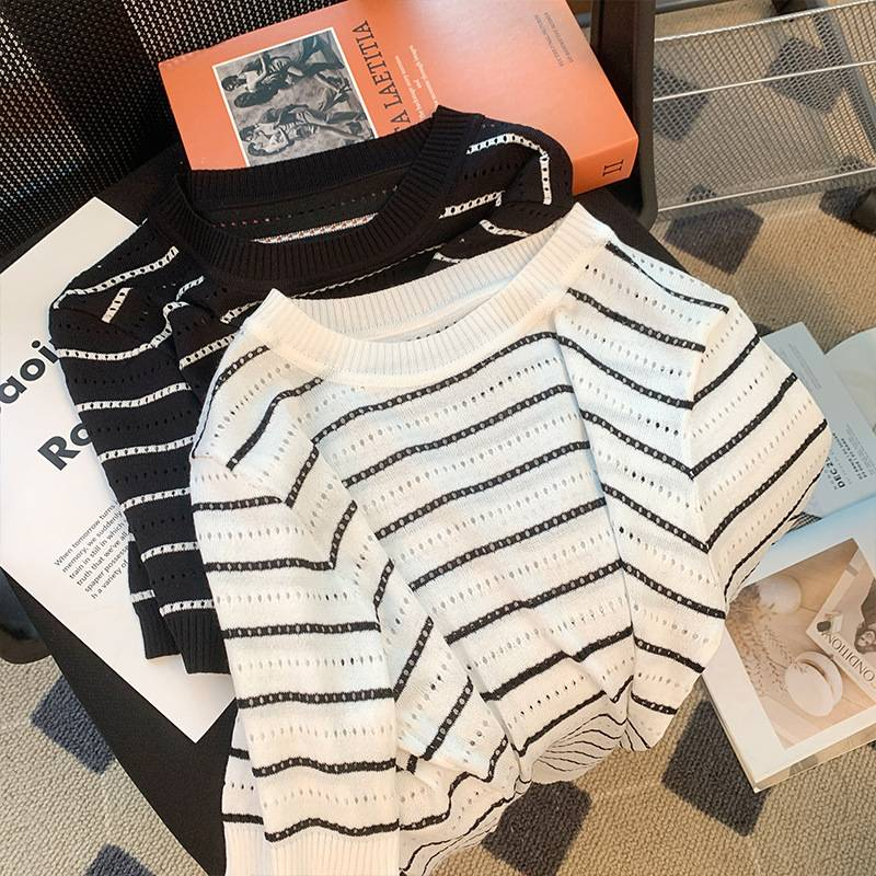 T-shirt da donna comoda in seta ghiaccio con scollo tondo a righe cave, maglione estivo a maniche corte in maglia slim allentata da donna_voghion.com