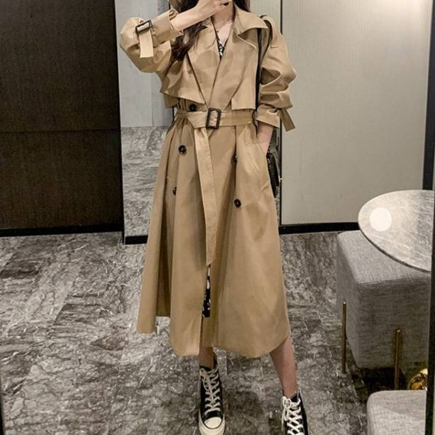 Dameskleding Middellange kaki trenchcoat herfst en winter nieuwe losse casual over de knie Britse stijl jas_voghion.com