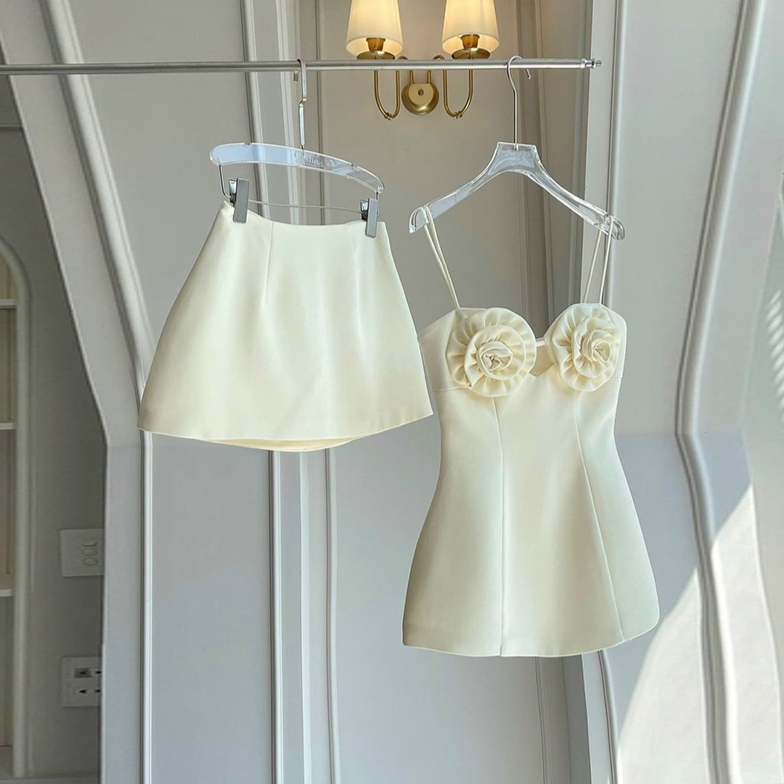 Women's Clothing Fashion Design Three Dimensional Flower Suspender Top Skirt Suit_voghion.com
