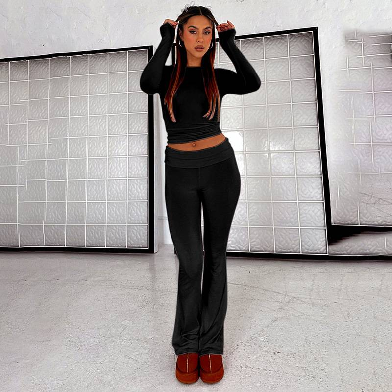 Naisten perus kaksiosainen asu, pitkähihainen crop top, taitettavat leggingsit, levenevät housut, yhteensopivat kaksiosaiset oloasut_voghion.com