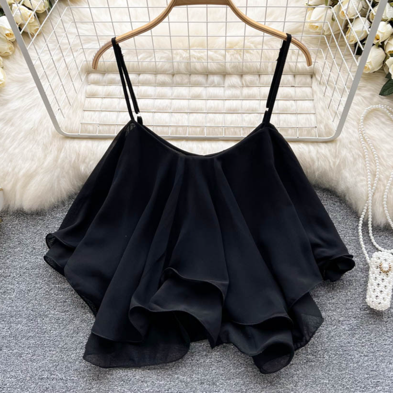 Women's Clothing Summer Blouse Versatile Loose Ruffled Off Shoulder Double Layer Sleeveless Chiffon Camisole For Women_voghion.com