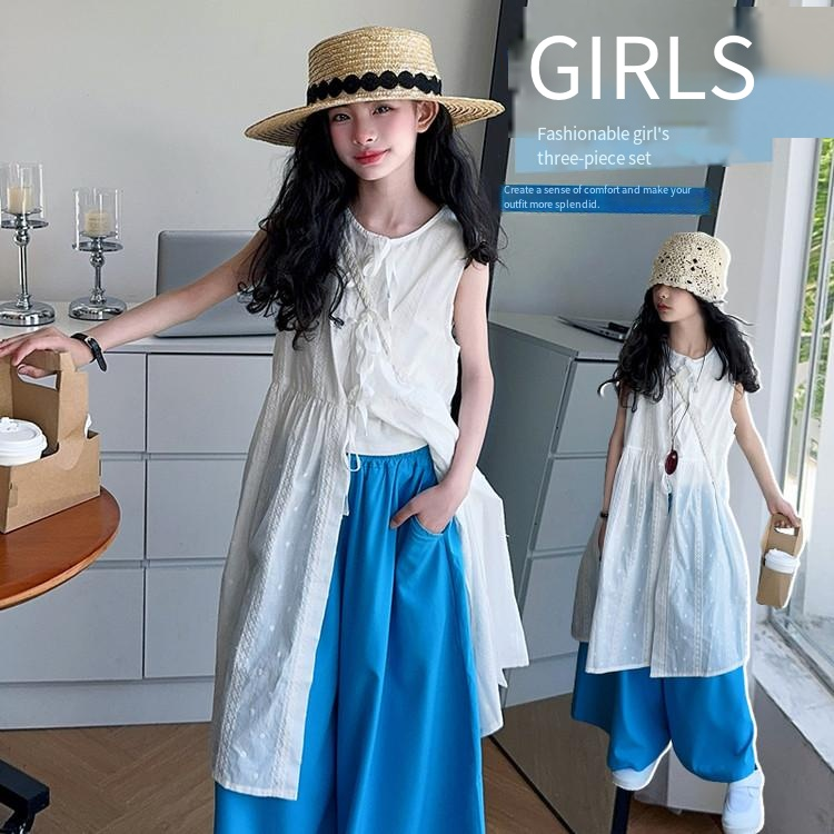 Gonna e pantaloni estivi alla moda in stile western per ragazze delle scuole superiori e bambini, set da tre pezzi impilati_voghion.com