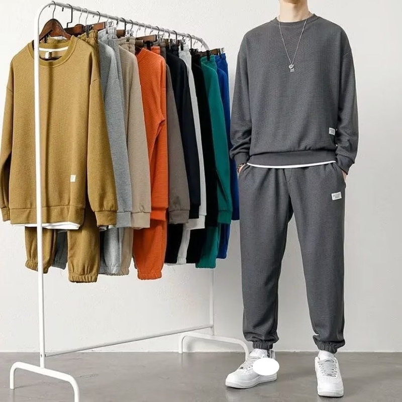 Spor Giyim Günlük Spor Sweatshirt Takım Elbise Erkek Sonbahar ve Kış Yeni Stil Bol Waffle Yuvarlak Yaka Sweatshirt_voghion.com