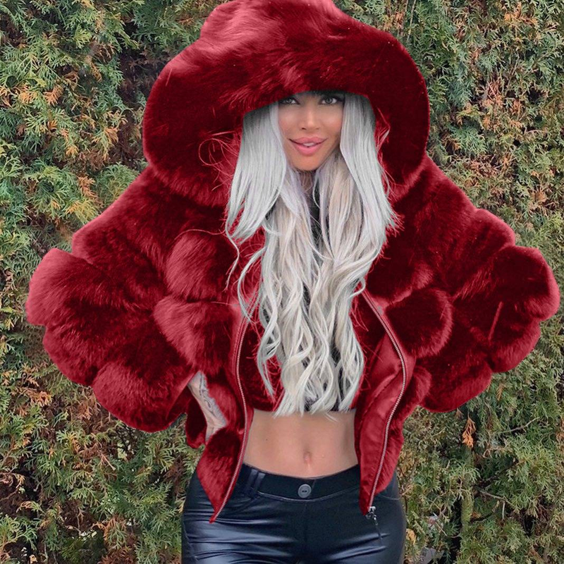 Eleganter Kunstpelzmantel mit Kapuze – Einfarbige Jacke aus veganer Wolle für Damen (S-5XL, Reißverschluss)_voghion.com