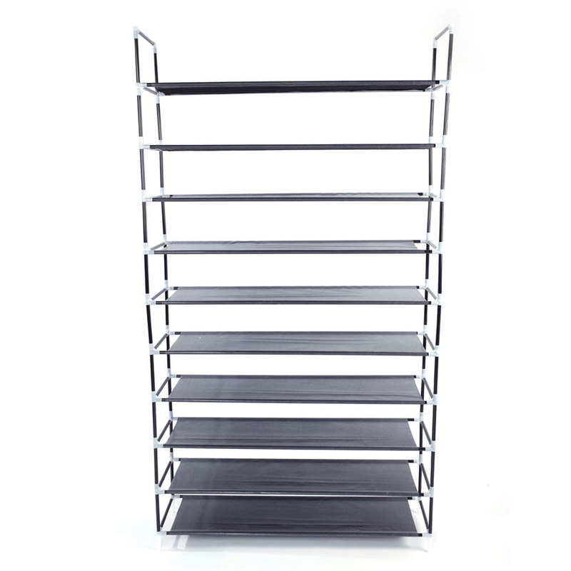 Étagère à chaussures extra large de 100 cm à 10 niveaux, étagères pliables en tissu non tissé et cadre en métal noir | Rangement compact pour entrée, placard ou dortoir_voghion.com