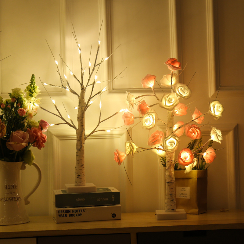 Luces LED decorativas para árbol con batería/enchufable - Diseño de abedul/rosa con 8 modos de iluminación, ideal para decoración de interiores y hogar._voghion.com