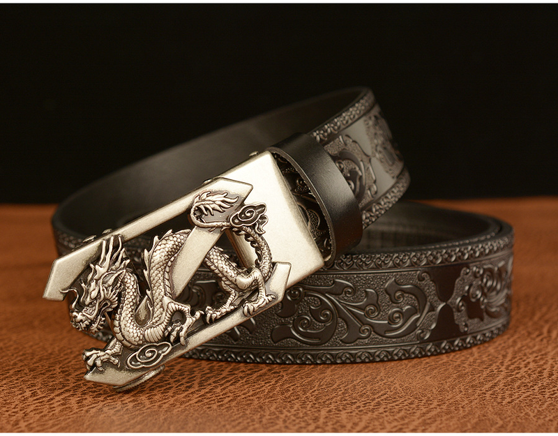 3.5cm Fashion Eming Retro Male Belts for Men Business Cowhide Genuine Leather Belt Dragon Pattern Automatic Buckle Strap_voghion.com