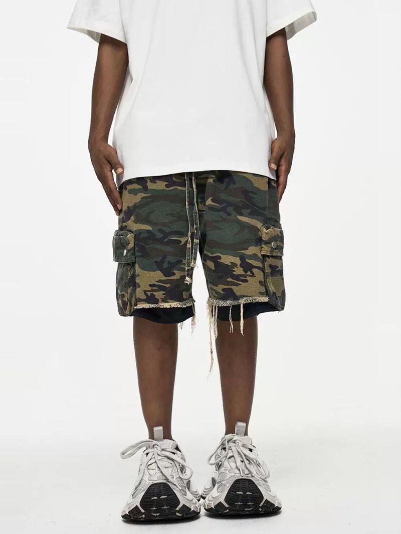 Men's Clothing High Street Washed Raw Edge Distressed Double Layer Retro Workwear Pocket Trendy Camouflage Shorts Summer Shorts Men's Trend_voghion.com