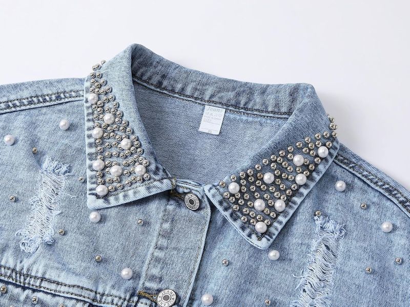 Giacca in denim effetto consumato, casual, stile boho, da donna, con maniche lunghe e strass, vestibilità ampia, colletto polo (azzurro)_voghion.com