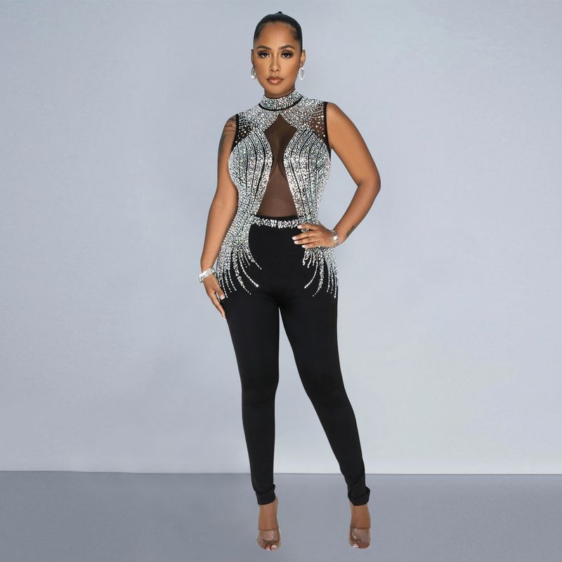 Vêtements pour femmes mode femmes couleur unie maille presse perceuse sans manches pantalon combinaison_voghion.com