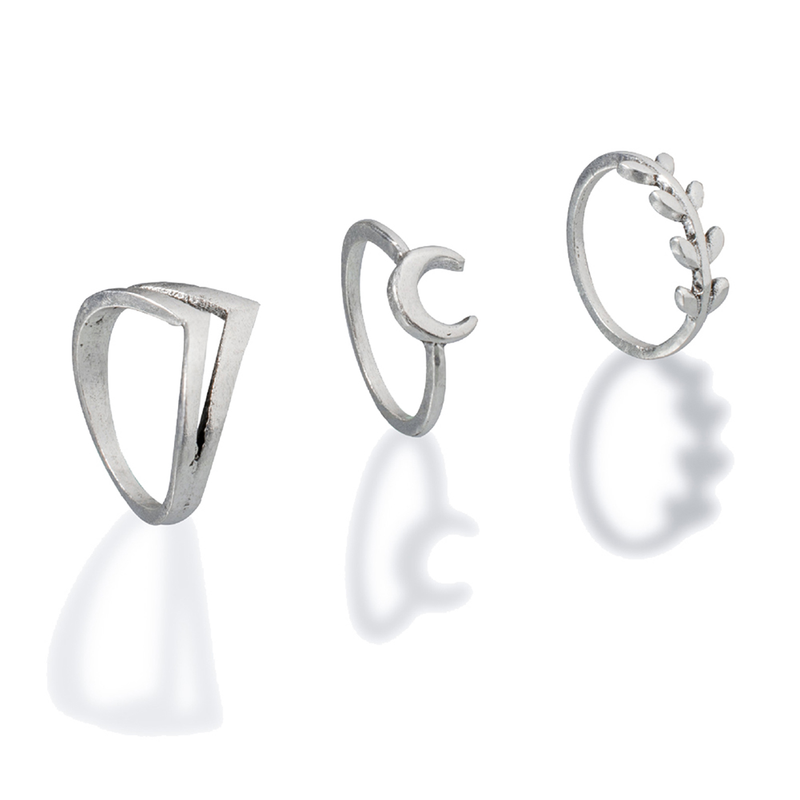 Qianbihe 7Pcs Compact Alloy Finger Rings Cross Moon Electroplate Leaf Shap Rings for Party_voghion.com