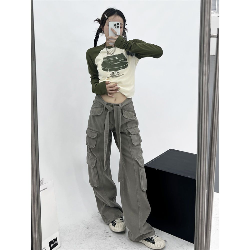 HOUZHOU Vintage Y2K Patchwork Groene T-shirts Vrouwen Hippie Streetwear T-shirts met lange mouwen Vrouwelijke Kpop Retro Herfst Crop_voghion.com