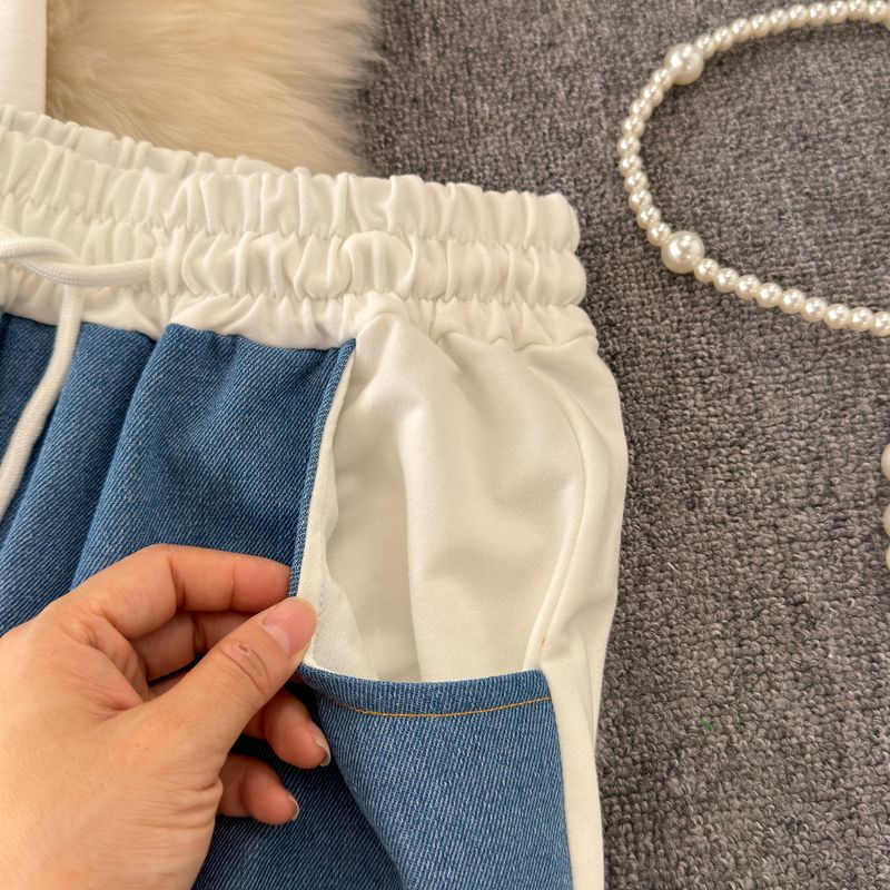 Projekt odzieży damskiej Koszulka z krótkim rękawem Patchwork Denim Top Wysoki stan Swobodne proste spodnie Dwuczęściowy garnitur_voghion.com