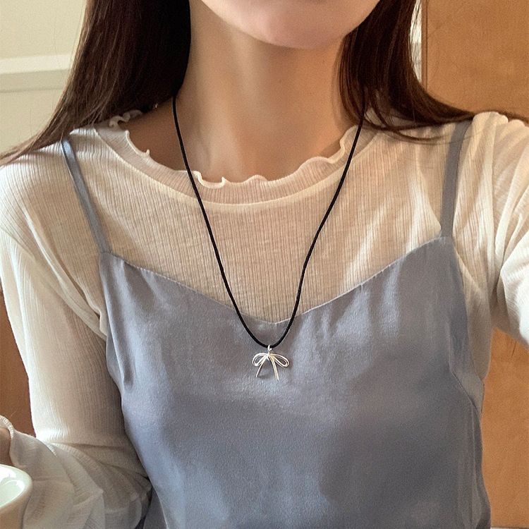 Zuid-Koreaanse blogger met strik, verstelbare, leuke, coole zwarte touwketting, all-match niche, high-end ketting voor dames_voghion.com