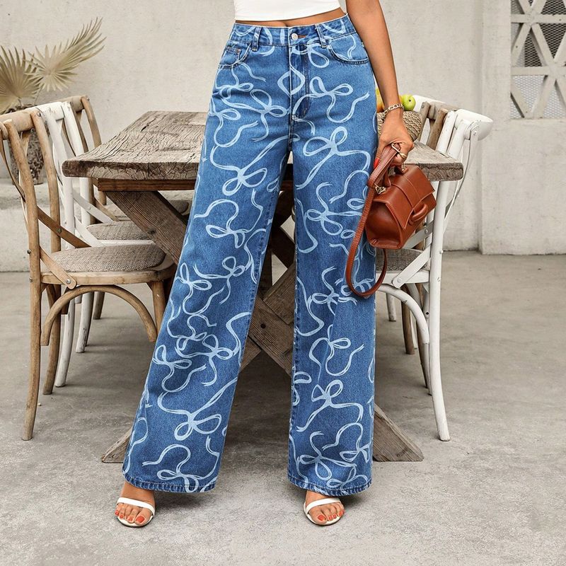 Pantaloni larghi in denim lavato da donna, casual, con stampa, a gamba larga - Comodi pantaloni a vita alta in misto cotone per tutti i giorni (blu, XS/S/M/L/XL)_voghion.com