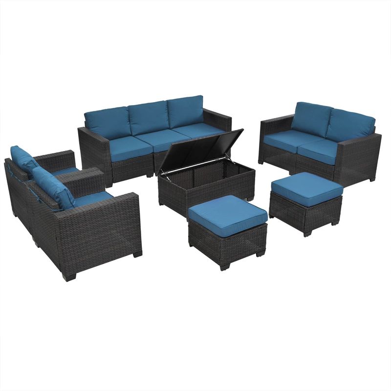 10 Piece PE Rattan Patio Furniture Set, Sectional Sofa Set, Outdoor Patio Furniture Set With Cushions & Tempered Glass Coffee Table_voghion.com