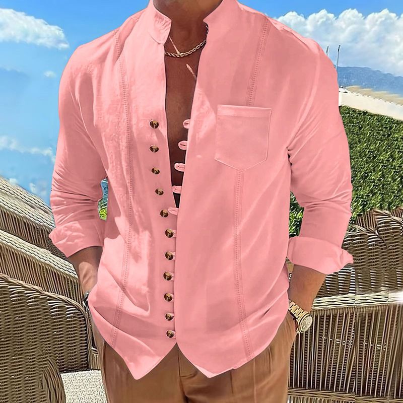 Camicia a maniche lunghe casual e ampia in cotone e lino, stile retrò cubano, da uomo_voghion.com