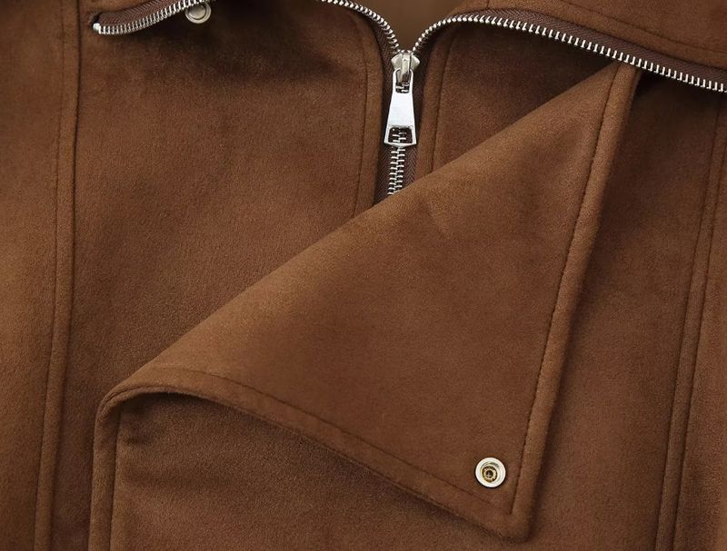 Stylish Short Biker Jacket For Women - Trendy Casual Outerwear With Stand Collar & Zipper Closure, Polyester Fabric, Slim Fit, Dark Brown_voghion.com