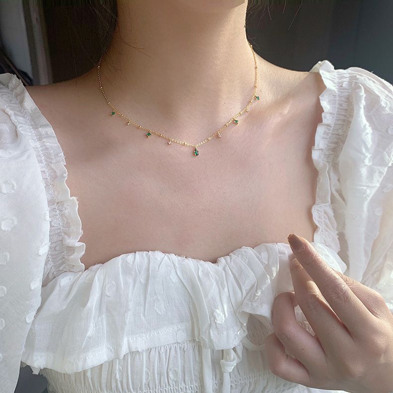 Women's Jewelry Elegant French Vintage S925 Sterling Silver Necklace With Emerald Green Zircon Teardrop Pendant, Minimalist Layering Chain_voghion.com