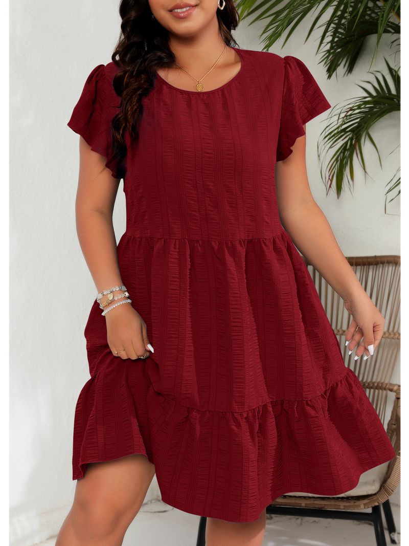 Women's Clothing Large Size Round Neck Lotus Leaf Sleeve Waist Holiday Leisure Temperament Dress_voghion.com