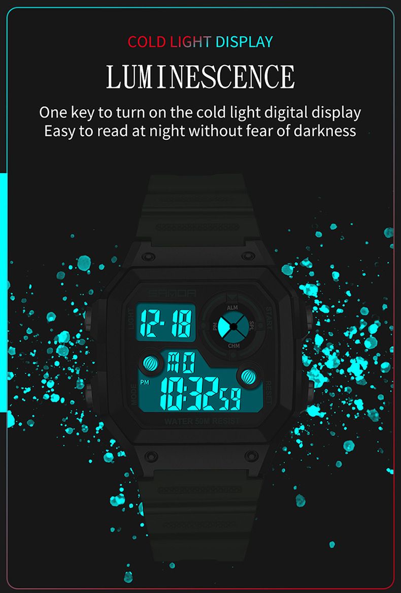 Digital Sports Watch With LED Backlight, Waterproof, Alarm, And Military-Grade Durability - Lightweight Resin Strap, Square Dial, 50M Water Resistance_voghion.com