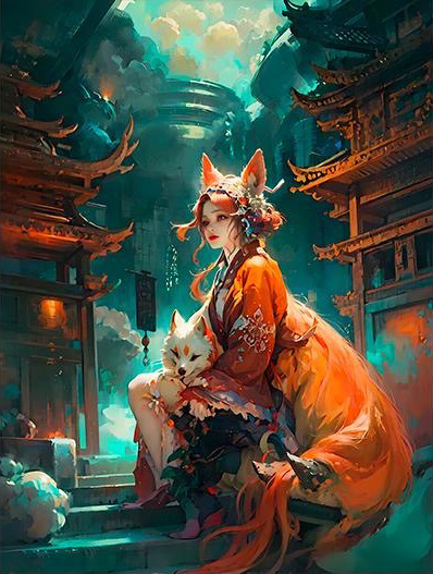 Pintura al óleo digital de zorro demonio para bricolaje, dibujos animados dibujados a mano en color para supermercado comercial_voghion.com