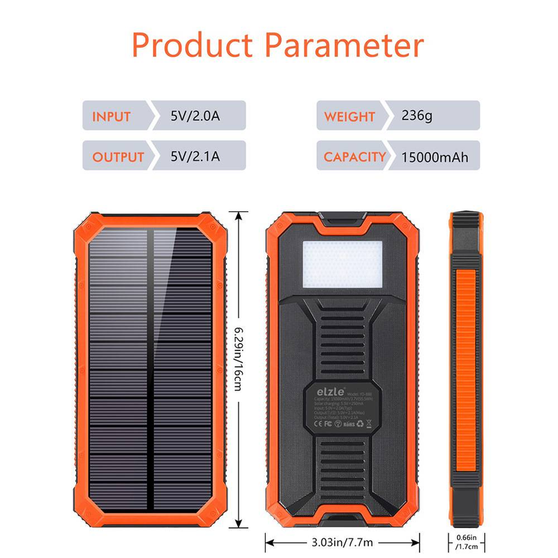 20000mAh Solar Power Bank With 10W Fast Charging, Portable Outdoor Camping Battery Pack For Hiking, Travel, Emergency (Black/Black-Orange)_voghion.com