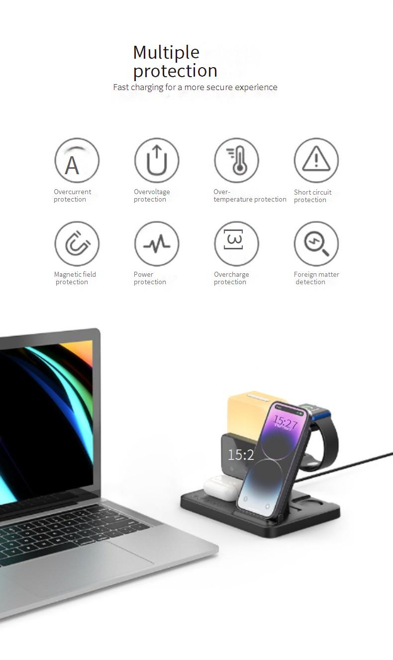 3-in-1 Foldable Wireless Charger Stand Watch, 15W Fast Charging With LED Display, Night Light & Alarm Clock, Qi Certified (Black)_voghion.com
