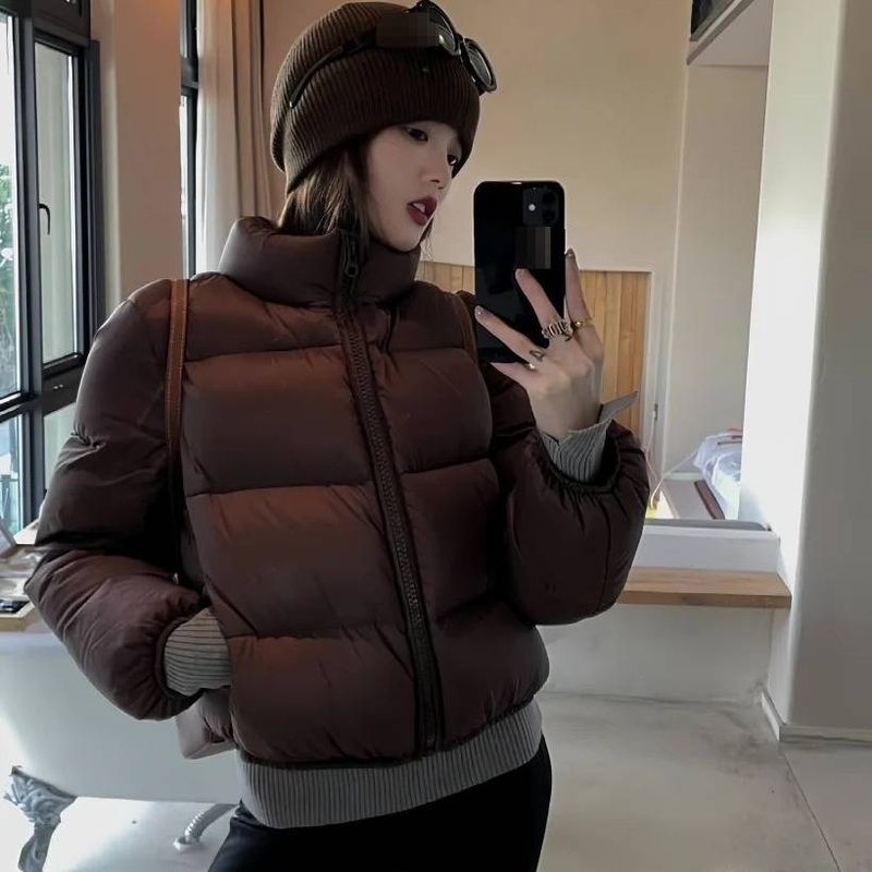 Women's Short Puffer Jacket Winter Warm Oversized Coat With High Collar, Lightweight & Water-Resistant, Casual Streetwear (Black, Coffee)_voghion.com