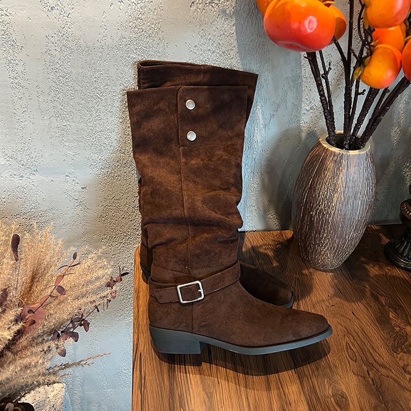 Autumn And Winter Hot Long Boots For Women, Frosted Suede Pile Boots, Thick Heel, Square Toe, Straight Legs, Retro Pile Boots_voghion.com