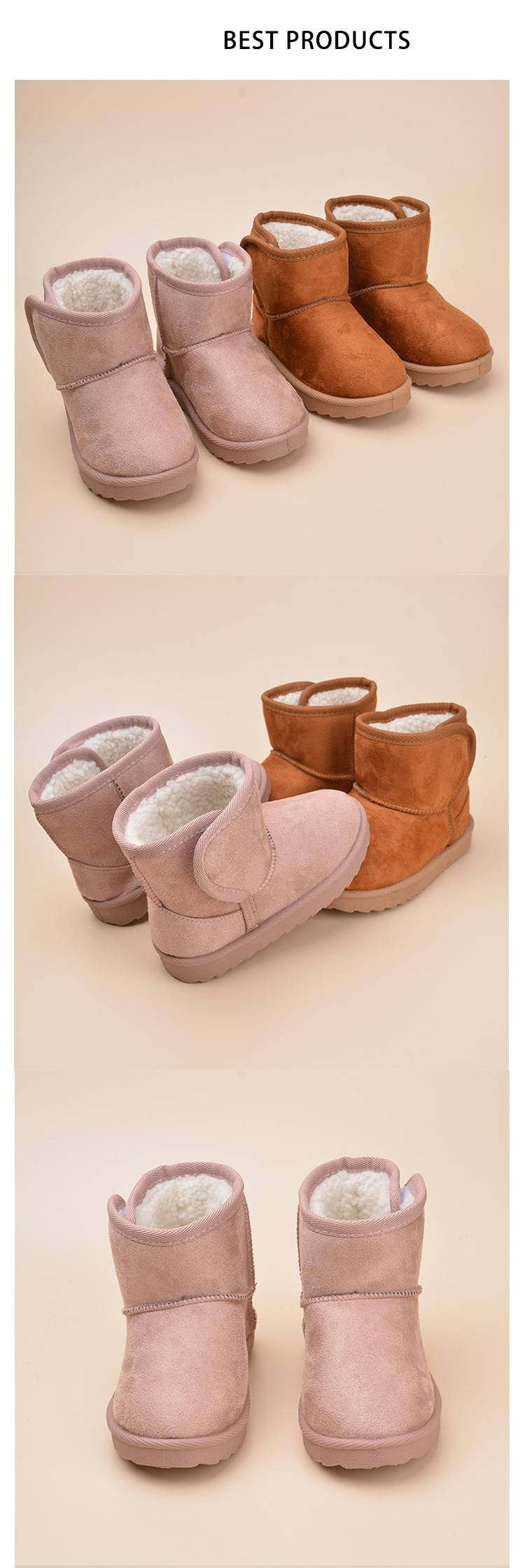 Kids' Winter Boots – Fleece-Lined Suede Snow Shoes With Hook & Loop Closure (Sizes 26-32, Beige/Pink)_voghion.com