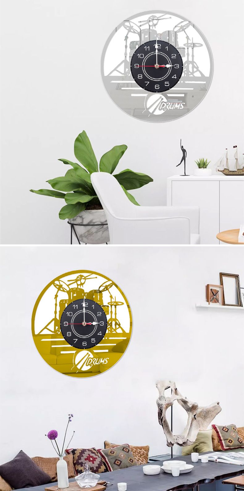 Black rubber acrylic drum stand living children's room, wall mounted clock, silent clock_voghion.com