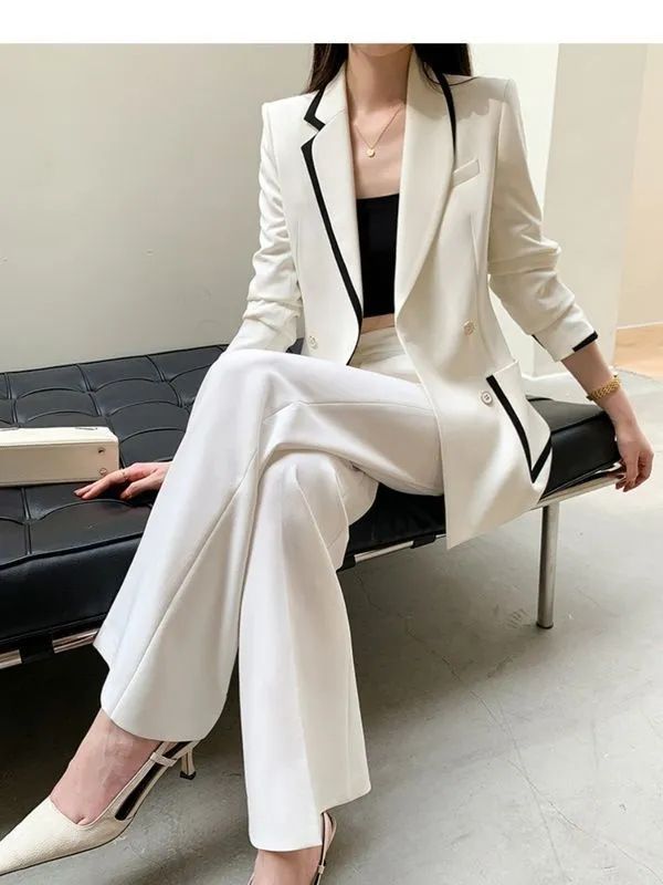 Vêtements pour femmes, ensemble de costume à manches longues pour le printemps et l'automne, ensemble de costume blanc à la mode pour sœurs féminines, costume professionnel slim de couleur unie_voghion.com