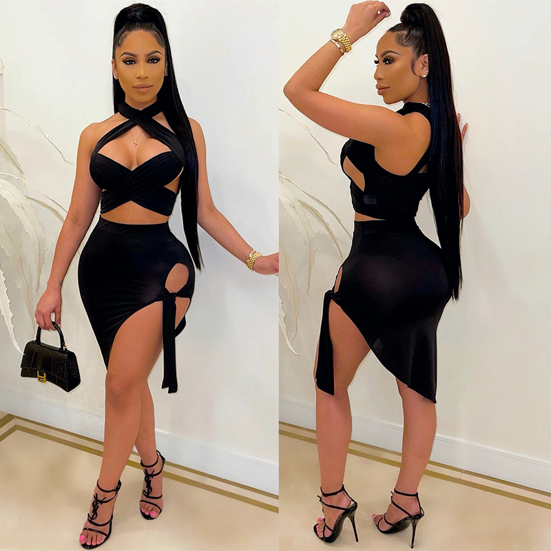 Ensemble jupe courte sexy deux pièces pour femmes_voghion.com
