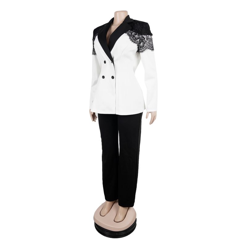 Conjunto de terno elegante com painel de renda elástica para mulheres - Blazer e calça slim fit (preto/roxo/azul, P-3GG)_voghion.com