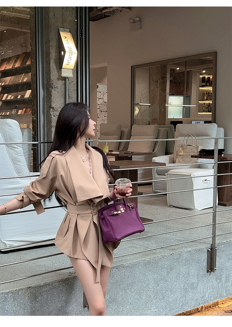 FairyJiang Autunno Nuovo Grande Risvolto Cachi Trench Donna Vita Corta Cappotto Stile Britannico_voghion.com