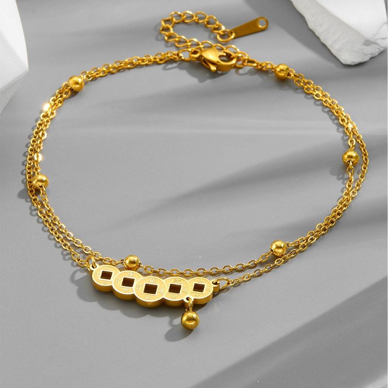 Titanstahl, lichtecht, doppellagige Perlenkette, Fußkettchen mit Kupfermünzen im chinesischen Stil, Dekorationszubehör_voghion.com