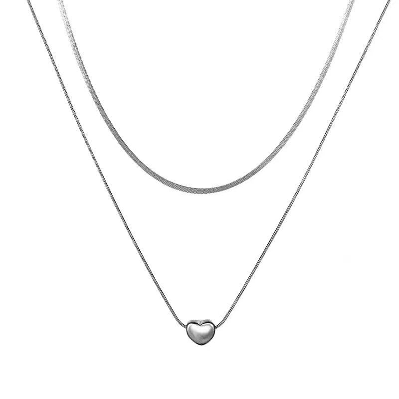Titanium Steel Double Layer Stacked Necklace For Women Heart Pendant Snake Bone Light Luxury Niche High-end Clavicle_voghion.com