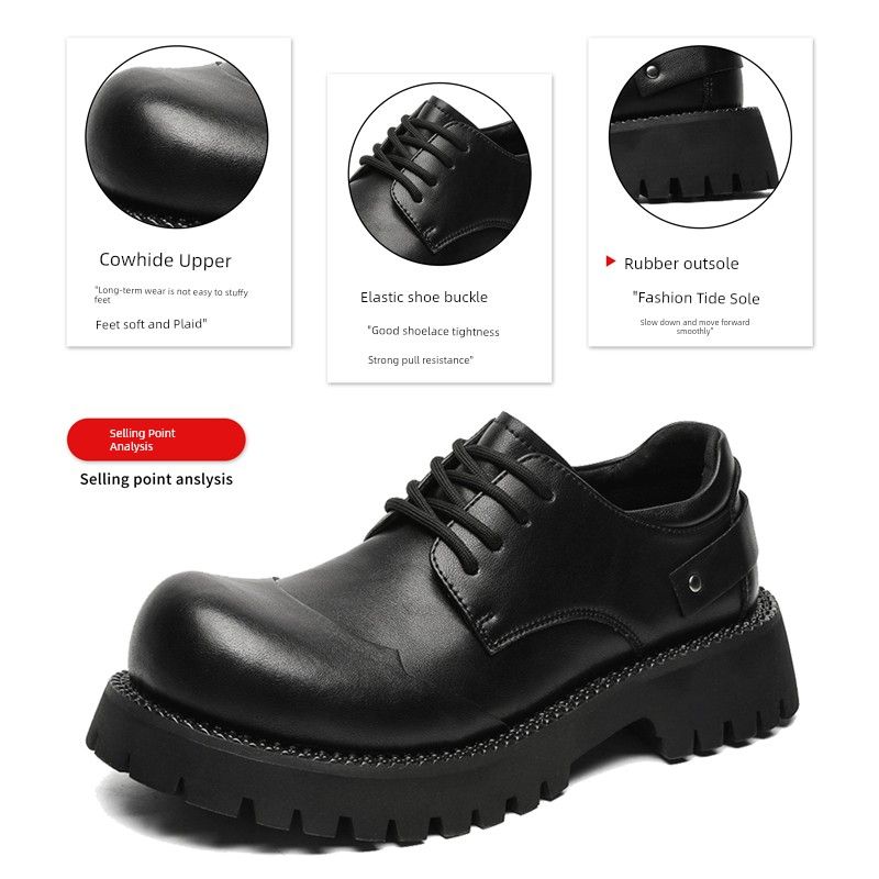 Derby-Schuhe für Herren mit dicker Sohle, schick, echt, lässig, großer Kopf, extra hoch, schwarze kleine Lederschuhe, Damen, britische runde Zehenpartie_voghion.com