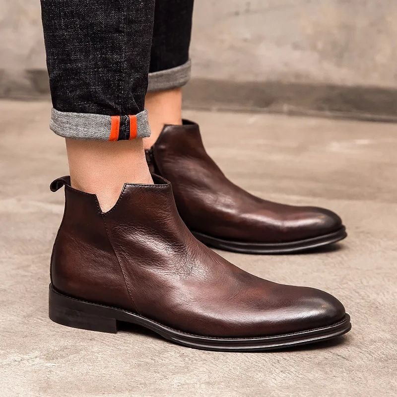 Herren Chelsea Boots High Top Lederstiefel Herren Spitzkopf Windstiefel Ein Pedal_voghion.com