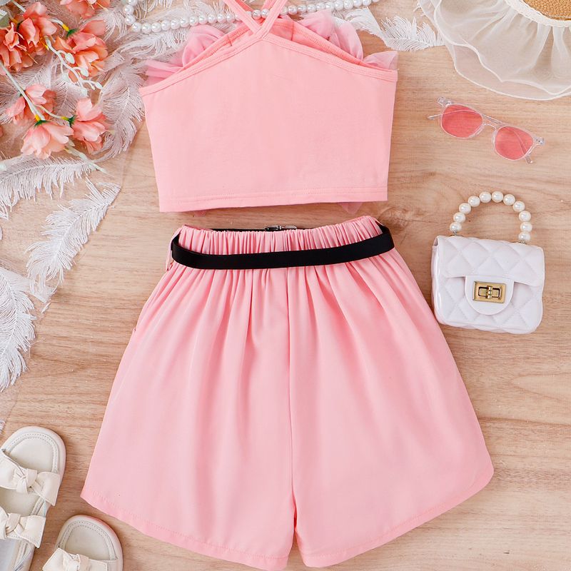 Mother&Kids Girls' suit for children with halter mesh vest + shorts + belt 3-piece set_voghion.com
