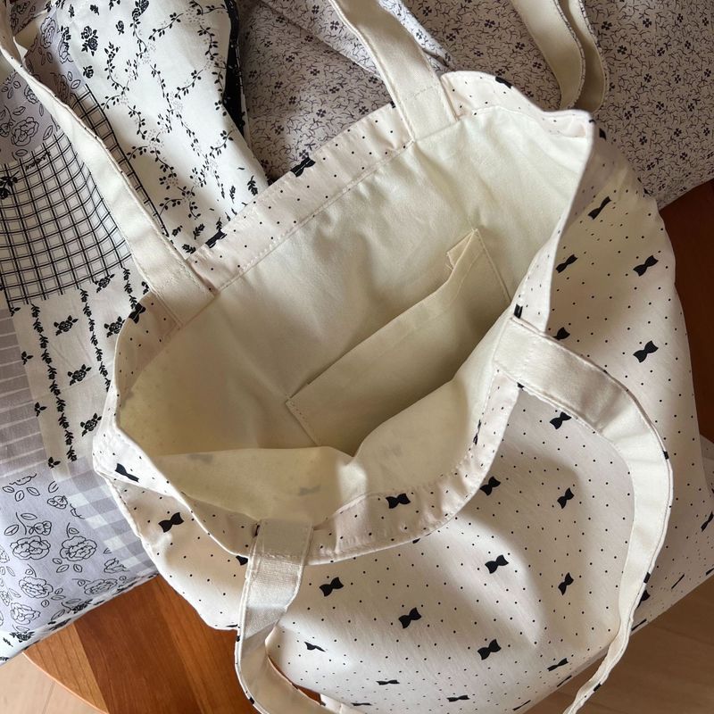 【Suxi Cloth Bag】Gray Black Floral Bow Cotton Shoulder Large Capacity Canvas Bag Simple Versatile_voghion.com