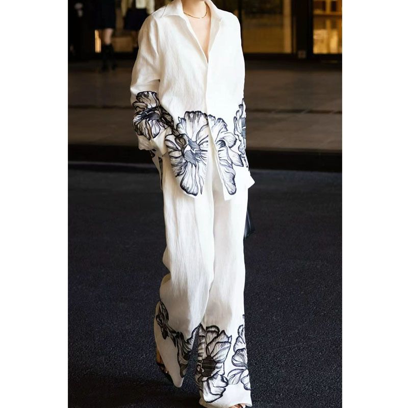 GraceChic Clearance Counter Ultimo ordine Camicia ampia a maniche lunghe con stampa a inchiostro in stile Old Money, pantaloni a gamba larga, set due pezzi rilassato_voghion.com