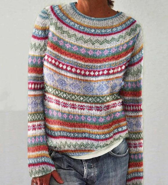 Damenbekleidung, modischer Strickpullover mit Rundhalsausschnitt, Farbblock, lockere Passform, lässige Oberteile_voghion.com