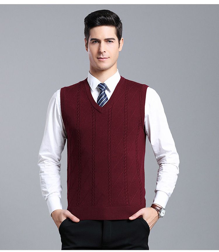 Men's Wool Blend Knit Vest, Solid Color Cable V-Neck Sleeveless Pullover, Casual Layering Piece For Autumn_voghion.com