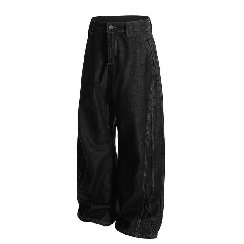 Jeans bootcut a gamba larga in denim vintage neri per uomo e donna – Pantaloni casual a gamba dritta dalla vestibilità rilassata_voghion.com